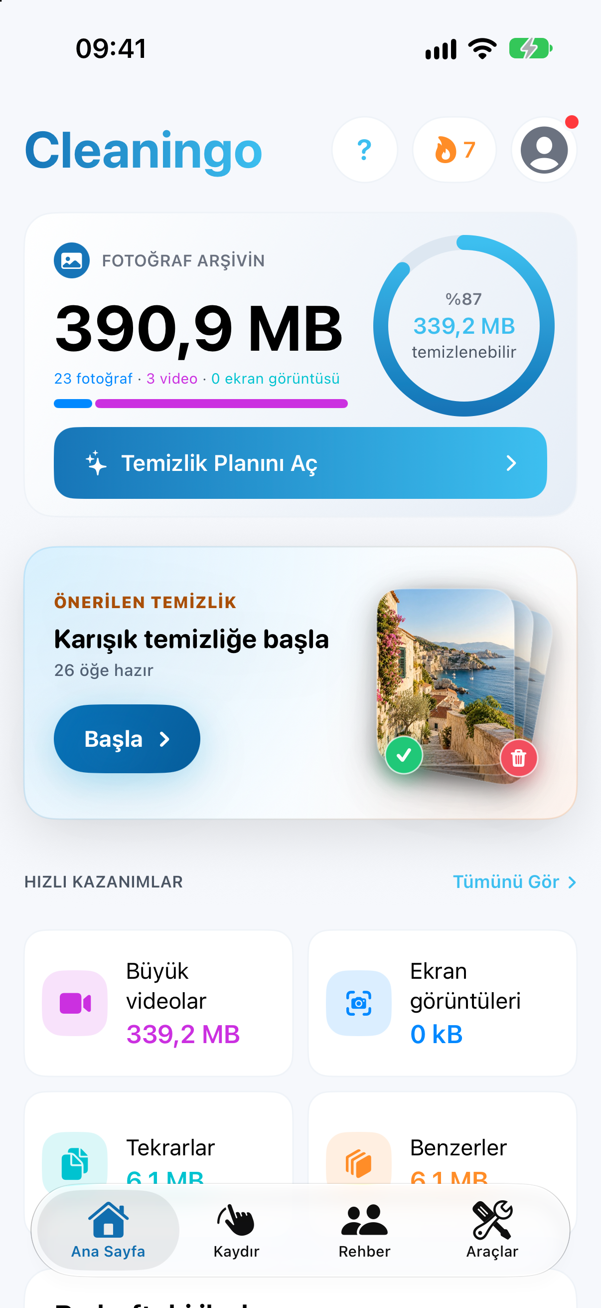 Cleaningo’nun Türkçe ana ekranı; arşiv özeti ve temizlik kategorileri